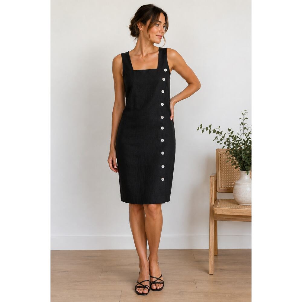 Spiegel 90's Vintage Black Linen Blend Sleeveless Side Pearl Button Sheath Dress